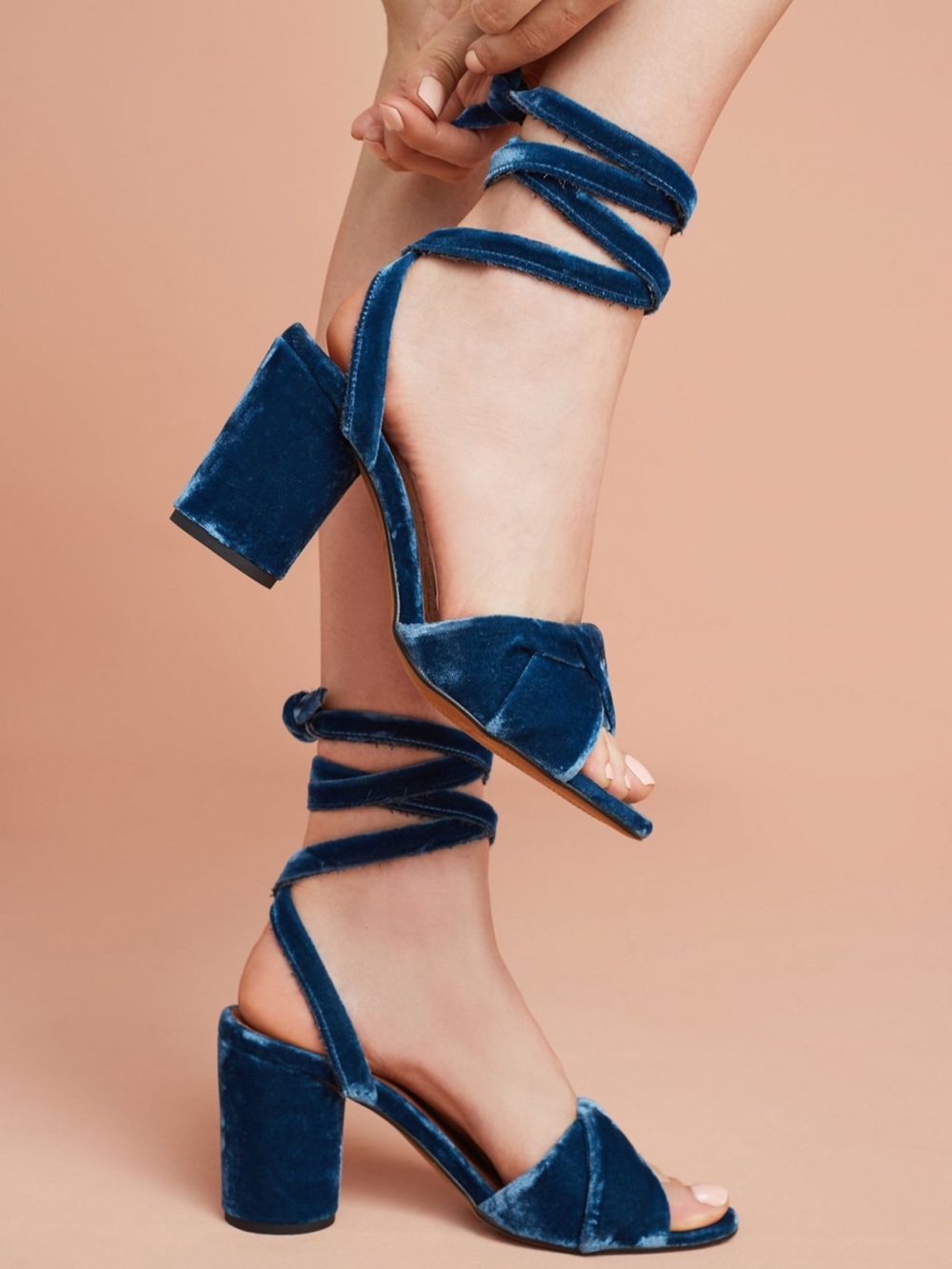 BRAND NEW Anthropologie Hudson London Blue Velvet Ankle-Tie Wrap Block Heel